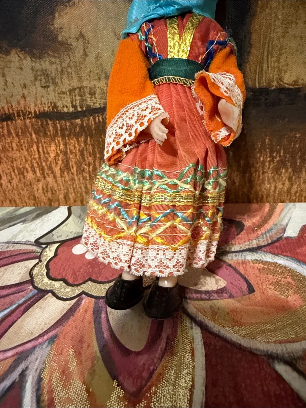 Handmade Orange Doll Ornament with Turquoise Scarf - Unbranded